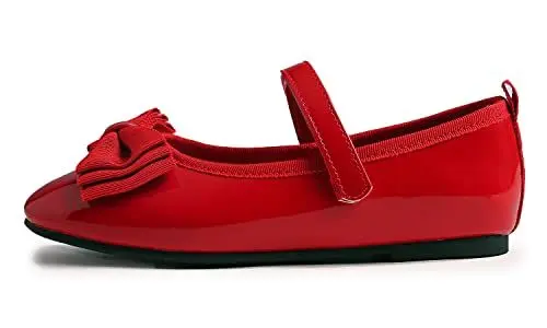 Produktbild: Feversole Girls Cute Dress, Mädchen süßes Kleid Mary Jane Schuhe weiche Party Urlaub Ballerinas Fliege Rot Veganes Lackleder Größe 33 EU