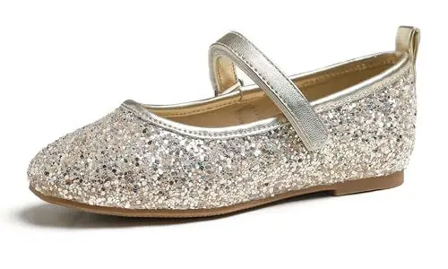 Produktbild: Feversole Girls Cute Dress, Mädchen süßes Kleid Mary Jane Schuhe weiche Party Urlaub Ballerinas Hellgold Glitzer Größe 32 EU