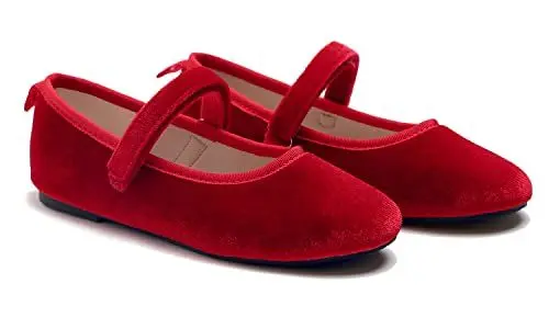 Produktbild: Feversole Girls Cute Dress, Mädchen süßes Kleid Mary Jane Schuhe weiche Party Urlaub Ballerinas Rot Samt Größe 32 EU