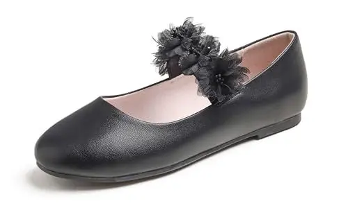 Produktbild: Feversole Girls Cute Dress, Mädchen süßes Kleid Mary Jane Schuhe weiche Party Urlaub Ballerinas Runde Spitze Stretchy,Floral Elastic Schwarz Vegan Leder Größe 32 EU