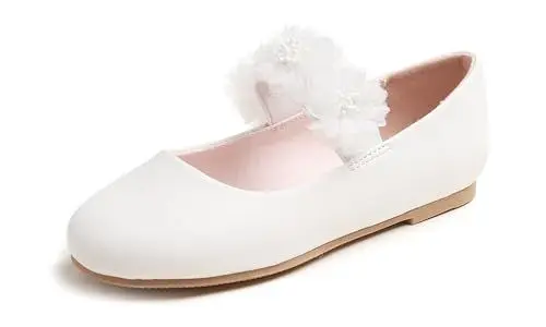 Produktbild: Feversole Girls Cute Dress, Mädchen süßes Kleid Mary Jane Schuhe weiche Party Urlaub Ballerinas Runde Spitze Stretchy,Floral Elastic Weiß Vegan Leder Größe 31 EU