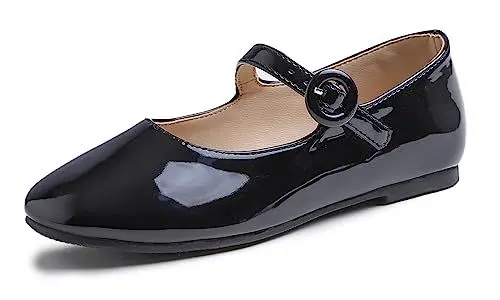 Produktbild: Feversole Girls Cute Dress, Mädchen süßes Kleid Mary Jane Schuhe weiche Party Urlaub Ballerinas Runde Spitze Stretchy,Synthetik Patent Schnalle Schwarz Größe 31 EU