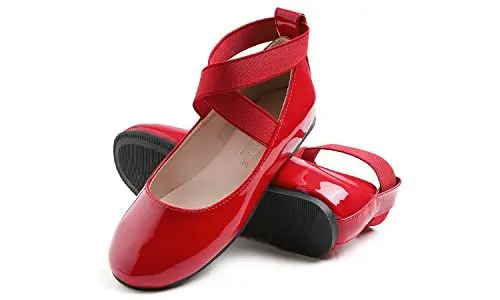 Produktbild: Feversole Girls Cute Dress, Mädchen süßes Kleid Mary Jane Schuhe weiche Party Urlaub Ballerinas Runde Spitze Stretchy,Synthetik elastisch flach Rot Größe 30 EU