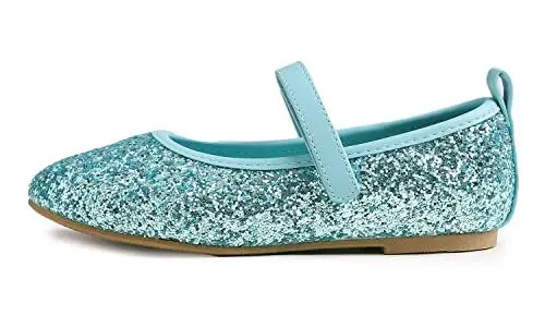 Produktbild: Feversole Girls Cute Dress, Mädchen süßes Kleid Mary Jane Schuhe weiche Party Urlaub Ballerinas Türkis Glitzer Größe 33 EU
