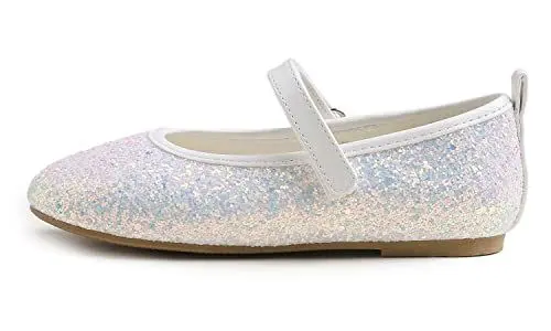 Produktbild: Feversole Girls Cute Dress, Mädchen süßes Kleid Mary Jane Schuhe weiche Party Urlaub Ballerinas Weiß Glitzer Größe 30 EU
