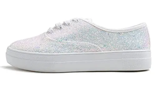 Produktbild: Feversole Glitter Sneaker, Sneaker Damen Schuhe Sportschuhe Tennis Fitness Leichte Atmungsaktiv Straßenlaufschuhe Schlüpfen Schuhe Freizeitschuhe für Damen Weiß Glitzer Sneaker 38