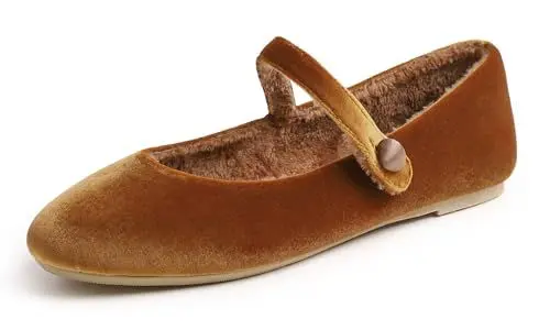Produktbild: Feversole Mary Jane Lack Damenschuhe Flache Pumps geschlossen Bequeme Schuhe Kamel Samtpelz gefüttert 39 EU