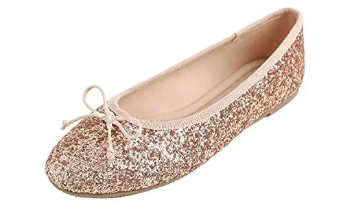 Produktbild: Feversole Round Glitter Ballerina, Damen Klassische Ballerinas Profilsohle Glänzende Ballerina Flach Glänzende RosaGold 38