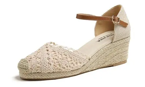 Produktbild: Feversole Slingback Sandalen Damen Espadrilles Plateau Wedges Sandaletten mit Geschlossene Keilabsatz Sommerschuhe Sommer Pumps Frauen Schuhe Beige Keil Stricken häkeln Jute 39