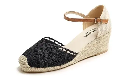 Produktbild: Feversole Slingback Sandalen Damen Espadrilles Plateau Wedges Sandaletten mit Geschlossene Keilabsatz Sommerschuhe Sommer Pumps Frauen Schuhe Schwarzer Wedge Strick Häkelarbeit Jute 38