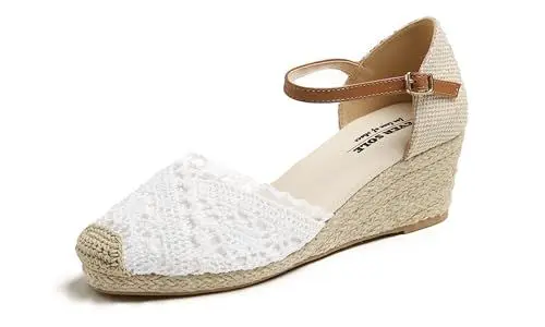 Produktbild: Feversole Slingback Sandalen Damen Espadrilles Plateau Wedges Sandaletten mit Geschlossene Keilabsatz Sommerschuhe Sommer Pumps Frauen Schuhe Weißer Keil Stricken Häkeln Jute 37