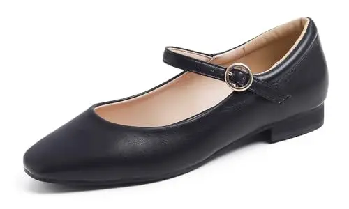 Produktbild: Feversole Square Mary Jane Halbschuhe,Flach Freizeit Tanzschuhe Gepolsterter Knöchel Niedriger Absatz Slip On Flats Schwarzes Veganes Leder 39 EU