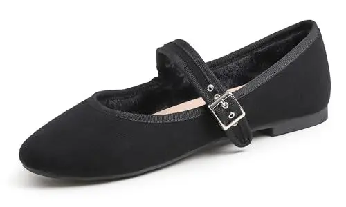 Produktbild: Feversole Velvet Mary Jane Halbschuhe,Flach Freizeit Tanzschuhe Schwarz Cord-Mary Jane mit kurzem Plüsch EU 39