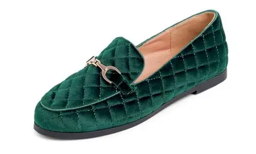Produktbild: Feversole Women's Fashion Bequeme Penny Loafer Schnalle Dressy Schuhe Grün Samt Gesteppt 40