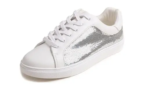 Produktbild: Feversole Women's Fashion Sparkle Sequin Lace Up,Damen Sneaker Atmungsaktiv Turnschuhe Leicht Laufschuhe Sportschuhe Freizeitschuhe Paillette Silber 39 EU