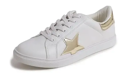Produktbild: Feversole Women's Featured PU Leather Lace-Up Sneaker,Damen Sneaker Atmungsaktiv Turnschuhe Leicht Laufschuhe Sportschuhe Freizeitschuhe Klassisch Weißgold-Spiegelstern EU 40
