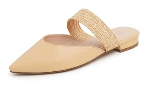 Produktbild: Feversole Women's Pointed Toe Fashion Mules Low Heel Erstklassige Damen Ballerina mit Ausgeh-Schuhe Sommer-Schuhe Beige Raffic-Riemen aus Veganleder 39 EU