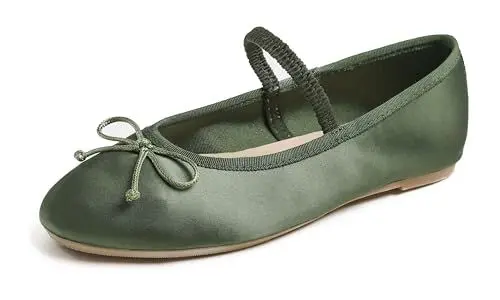 Produktbild: Feversole Women's Soft Breathable Mary Jane Memory Jane Halbschuhe,Flach Freizeit Tanzschuhe,Khaki Grün Seide Elastisch 39