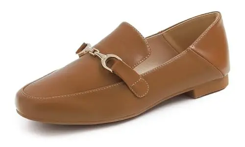 Produktbild: Feversole Women's Soft Comfy Trim Loafer Flat,Klassisch Mokassin Penny Loafer Damen Slipper Anzugschuhe Schuhe Goldene Schnalle aus veganem Leder in Camel 37 EU