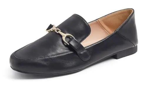 Produktbild: Feversole Women's Soft Comfy Trim Loafer Flat,Klassisch Mokassin Penny Loafer Damen Slipper Anzugschuhe Schuhe Schwarzes veganes Leder Goldene Schnalle 38 EU