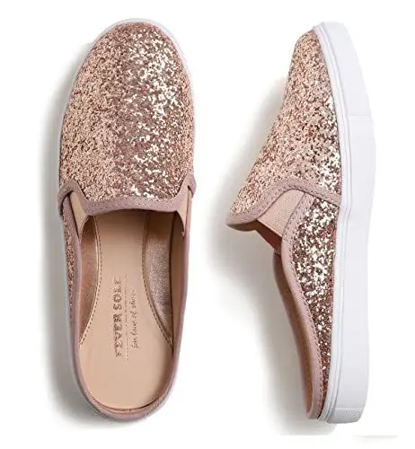 Produktbild: Feversole Women's Sport Mules Slip On,Mules Sandals Slippers Sabots Trainers Leisure Rosegold Glitter 39