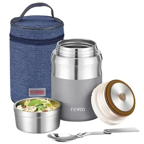 Produktbild: FEWOO Edelstahl-Dose, isoliert, 720 ml, BPA-frei, isoliert, für warme Mahlzeiten, isoliert, mit Tasche (Silber)