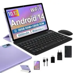 Produktbild: fezawio Android 14 Tablet 10 Zoll 20GB RAM+128GB ROM, Acht Kerne Tablet WiFi 6, 6000mAh, (1TB TF) mit Tastatur und Maus+EIN Jahr Bildschirmversicherung - (lila)