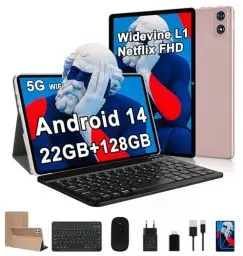 Produktbild: fezawio Android 14 Tablet 10 Zoll 22GB RAM+128GB ROM Octa-Core Tablet 5G WiFi, Mit Tastatur Maus, 8000mAh, (1TB TF) Mit HüLle + EIN Jahr Bildschirm Bruchversicherung-Roségold