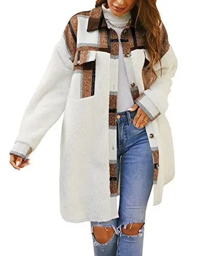 Produktbild: Feziakuk Damen Mantel Flanell Dufflecoat Lässiges Revers Kariert Jacke Warme Mittellange Wollmantel Herbst Winter Einreihiger Kaschmirmantel Frauen Wintermantel, Khaki M
