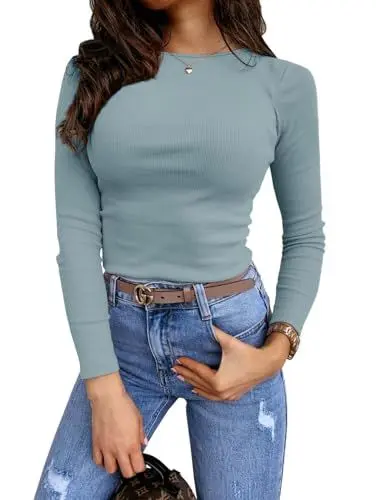 Produktbild: Feziakuk Damen Sexy Enges Oberteil Strick Langarm Rippshirt Mode Casual Pullover Slim Fit Top, Blau M