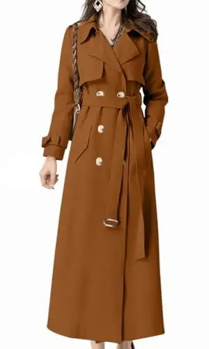 Produktbild: Feziakuk Damen Trenchcoat Lang Zweireihiger Mantel Winddichter Jacke Einfarbig Revers Übergangsmantel mit Verstellbare Gürtel, Braun XL