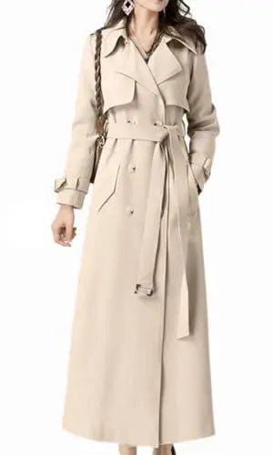 Produktbild: Feziakuk Damen Trenchcoat Lang Zweireihiger Mantel Winddichter Jacke Einfarbig Revers Übergangsmantel mit Verstellbare Gürtel, Mandel XL