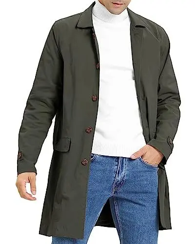 Produktbild: Feziakuk Herren Trenchcoat Einreihig Lang Mantel Leichter Revers Herbst Winter Jacke Übergangsjacke, Armeegrün L