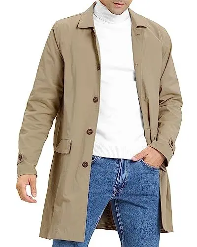 Produktbild: Feziakuk Herren Trenchcoat Einreihig Lang Mantel Leichter Revers Herbst Winter Jacke Übergangsjacke, Khaki S