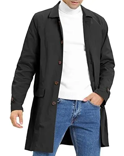 Produktbild: Feziakuk Herren Trenchcoat Einreihig Lang Mantel Leichter Revers Herbst Winter Jacke Übergangsjacke, Schwarz S