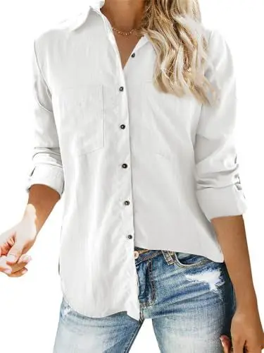 Produktbild: Feziakuk Leinenhemd Damen Knopfleiste Leinenbluse Baumwolle Oberteile Langarm Revers Bluse Einfarbig Tops mit Brusttasche, Weiß L