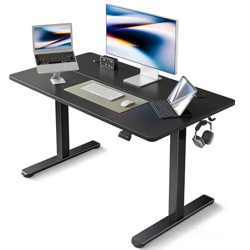 Produktbild: FEZIBO Schreibtisch Höhenverstellbar Elektrisch, 100 x 60 cm Computer Stehschreibtisch mit Memory-Steuerung und Anti-Kollisions Technologie, Schwarzer Rahmen/Schwarze Tischplatte