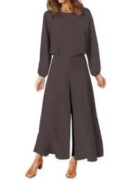 Produktbild: FFANCYINN Damen Sommer Zweiteiliges Outfit Jumpsuit Festlich Hochzeit Lang Hosenanzug Langarm Rundhals Tanktop Gekürzte Weites Bein Hose Playsuit Dunkelbraun L