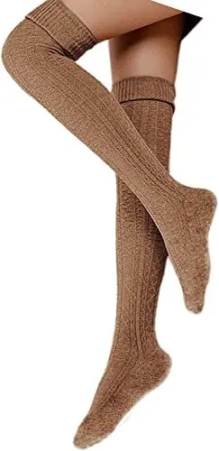 Produktbild: FGFD&OU Damen Overknee Socken Lange Strümpfe Strick Baumwolle Dicke Warme Überknie Kniestrümpfe Weihnachtssocken für Damen und Mädchen (Khaki)