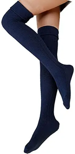 Produktbild: FGFD&OU Damen Overknee Socken Lange Strümpfe Strick Baumwolle Dicke Warme Überknie Kniestrümpfe Weihnachtssocken für Damen und Mädchen (Blau)