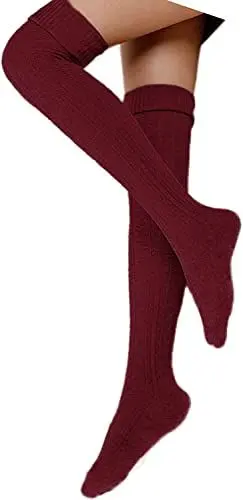 Produktbild: FGFD&OU Damen Overknee Socken Lange Strümpfe Strick Baumwolle Dicke Warme Überknie Kniestrümpfe Weihnachtssocken für Damen und Mädchen (Rot)