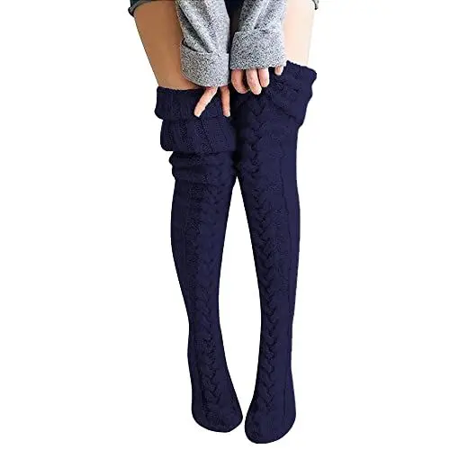 Produktbild: FGFD&OU Damen Strümpfe Strick Overknee Socken Dicke Warme Überknie Kniestrümpfe Trachtenstrümpfe Grobstrick Wintersocken Thermosocken Lange Weihnachtssocken Kuschelsocken für Frauen (Blau)