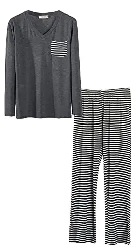 Produktbild: FGFD&OU Schlafanzug Damen Nachtwäsche Langarm und Kurzarm Pyjama Zweiteiliger Baumwolle Loungewear Schlafhose und Oberteile Weich Lounge Set Damen mit V-Ausschnitt (Langarm Grau, S)