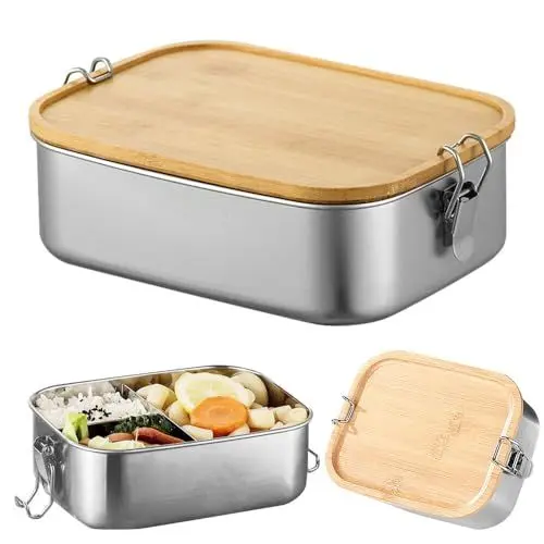 Produktbild: FGJCJ Brotdose Edelstahl 3 Fächer, Lunchbox Edelstahl, Bento Box Edelstahl Auslaufsicher, 1200ml Brotzeitbox Edelstahl, Frühstücksbox Edelstahl mit Holzdeckel für Schule, Arbeit, Picknick