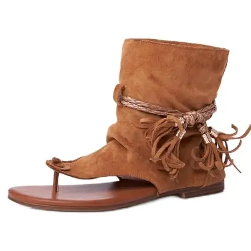 Produktbild: FGRID Römersandalen mit Quaste für Damen, Flache Retro-Stiefeletten aus Wildleder mit Clip-Toe, Sommer-Strand-Reisesandalen mit hohem Zehenbereich und Fransen,Braun,36