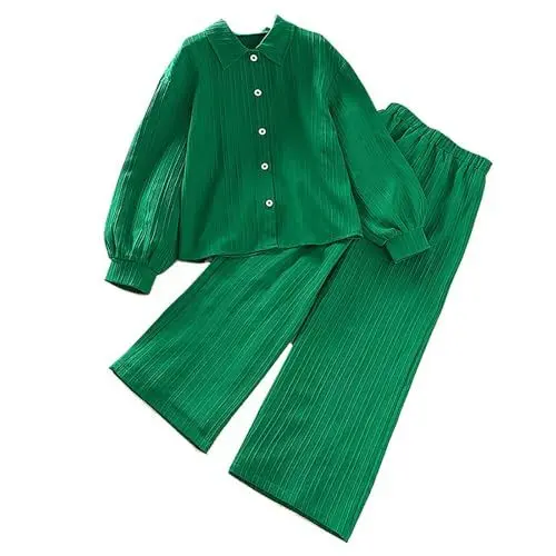 Produktbild: FGUUTYM Kinderkleidung Mittlere Und Große Kinder Langarm Hemd Und Hose Mädchen Anzug Jogginghose (Green, 11-12 Years)