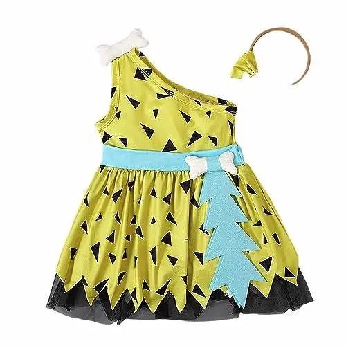 Produktbild: LOIJMK Kleinkind Kinder Höhlenmensch Kostüm Mädchen Halloween Hundeknochen Historisches Höhlenmädchen Mesh Tüllkleid Prinzessin Outfits Kinder Pullover Mädchen 140 (Yellow, 4-5 Years)