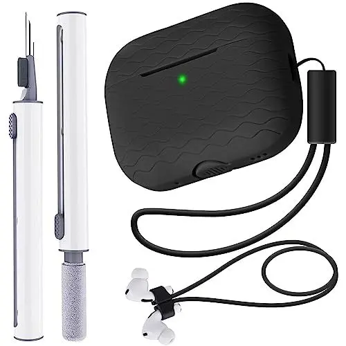 Produktbild: Fhtase AirPods Pro 2 Hülle 2022 mit Reinigungsset, Stift und Anti-Verlust-Bändern für AirPods, weiche Silikon-Schutzhülle mit Umhängeband, Schwarz