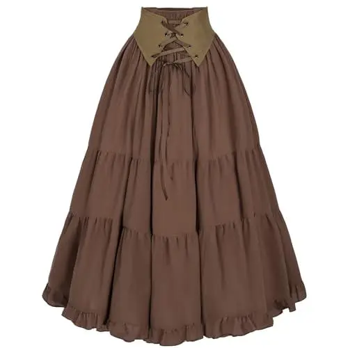 Produktbild: Fiamll Damen Renaissance Rock A-Linie Maxirock Hohe Taille Mittelalter Rock mit Kordelzug Braun L