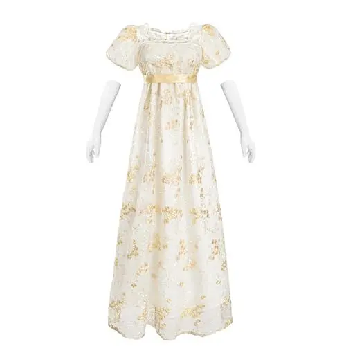 Produktbild: Fiamll Regency Kleid Damen Regency Kostüm Empire Taille Teeparty Kleid Viktorianisches Kleid Stickerei Ballkleid mit Handschuhen L